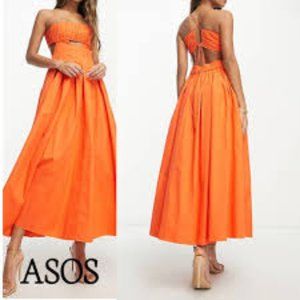 ASOS DESIGN cotton structured midi dress with ruched bust and pleat skirt in hot